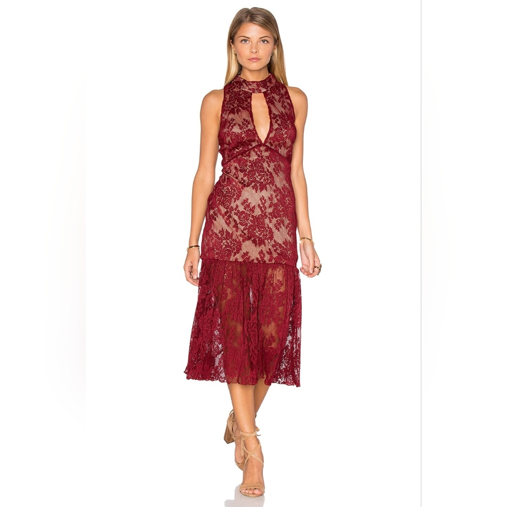 Endless Rose, Sleeveless Lace High Neck Midi Dress color Burgundy